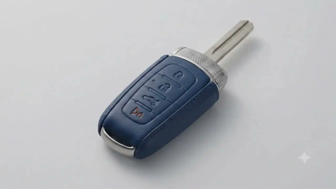 A modern car key rotating to show its shell, circuit board, blade and battery